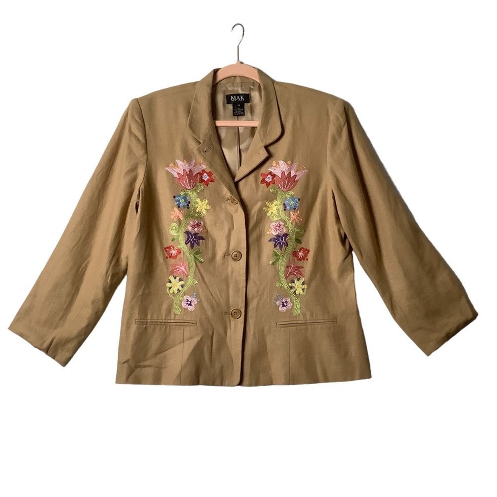 MAK New York Embroidered Floral Linen Blend Blazer Women Size 14 Lined Boho